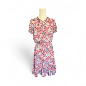 🆕 💐✨ NWOT Boho Pink & Blue Floral Chiffon A-Line Swing Dress | Sz S